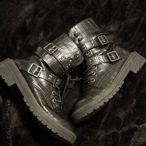 Black Croc-Embossed Combat Boots